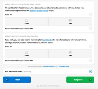 Betfred Registration Marketing Preferences