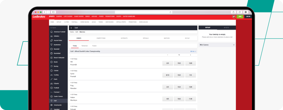 Golf market on ladbrokes Websitr