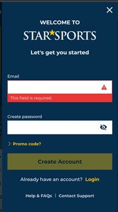 StarSports Registration Screenshot