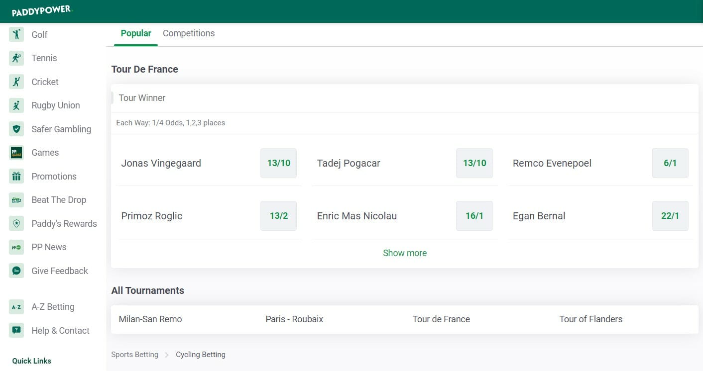 Paddy Power Cycling Screenshot