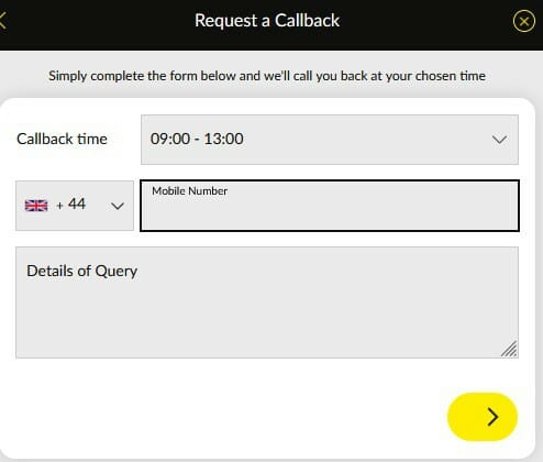 talkSPORT BET Callback Request Screenshot