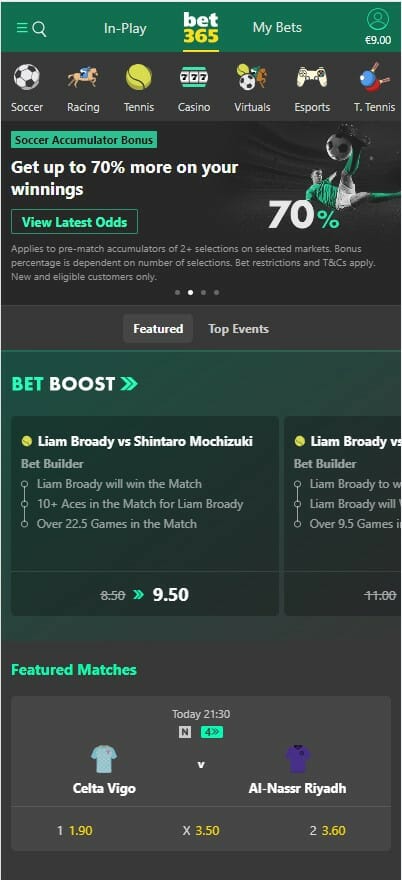 bet365 Mobile Site Screenshot