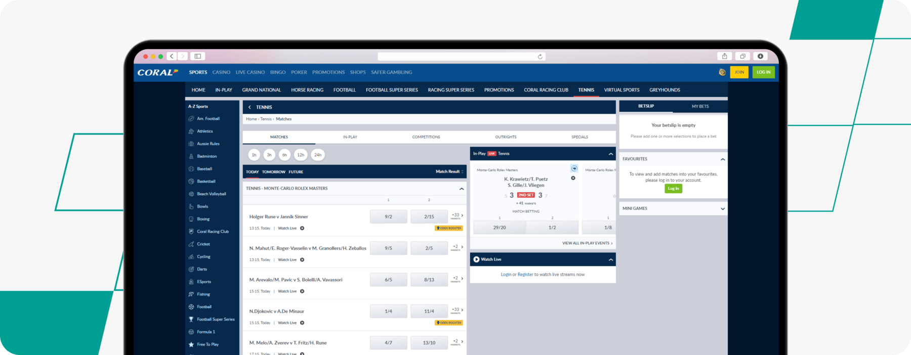 screenshot of coral tennis betting page