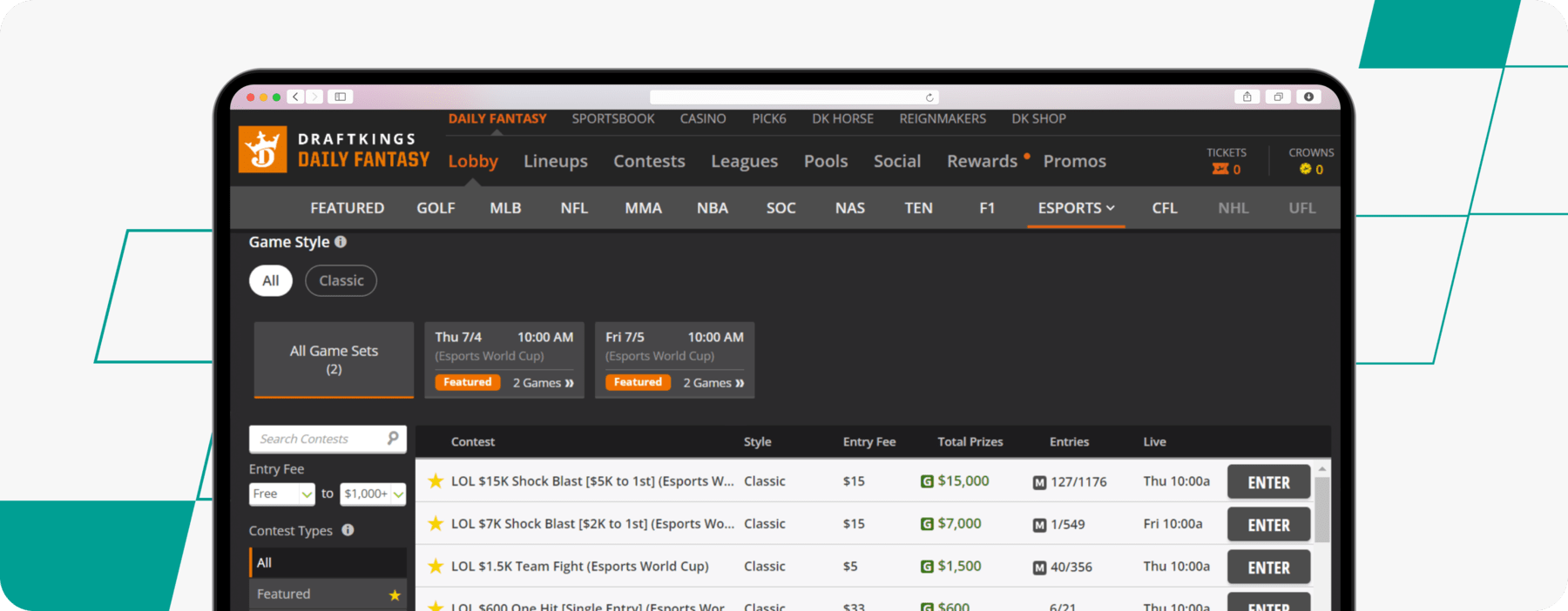 eSports Betting DraftKings DFS Desktop Screenshot