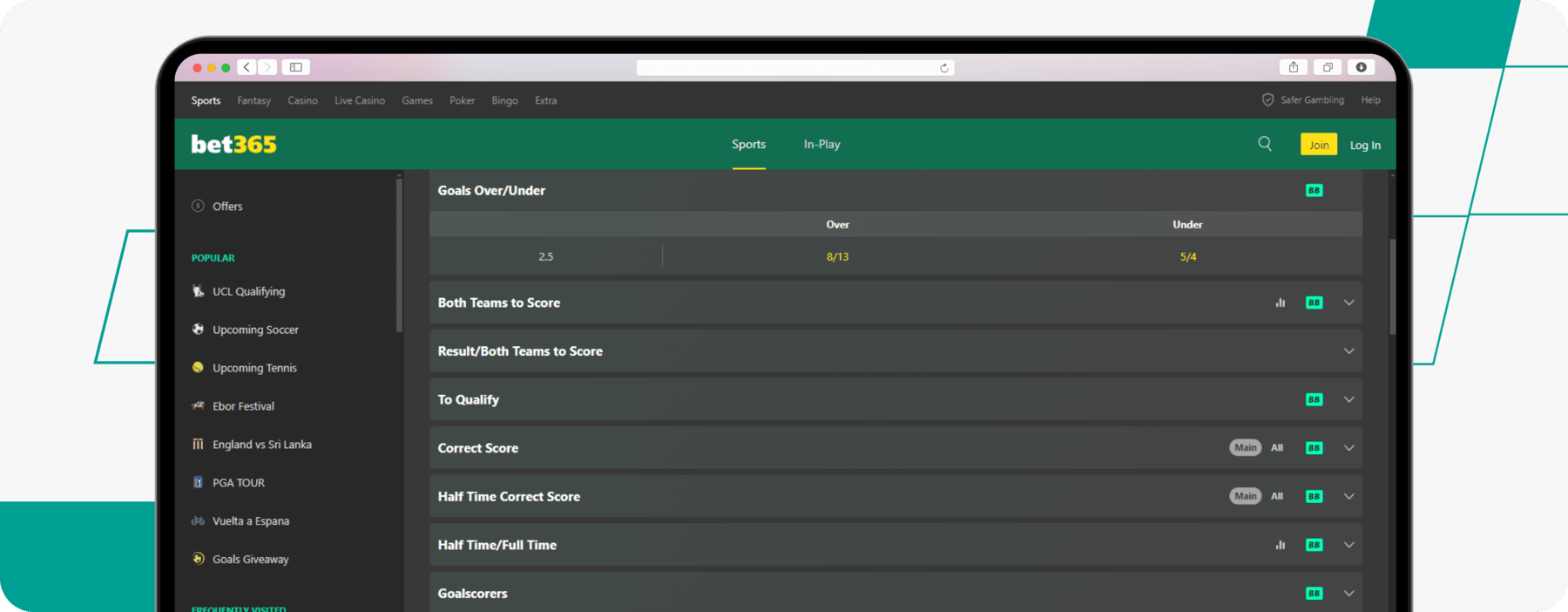 screenshot showing bet365 goals over/under odds